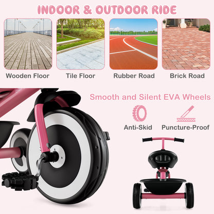 Pink Toddler Tricycle | Adjustable Seat | Storage Baskets