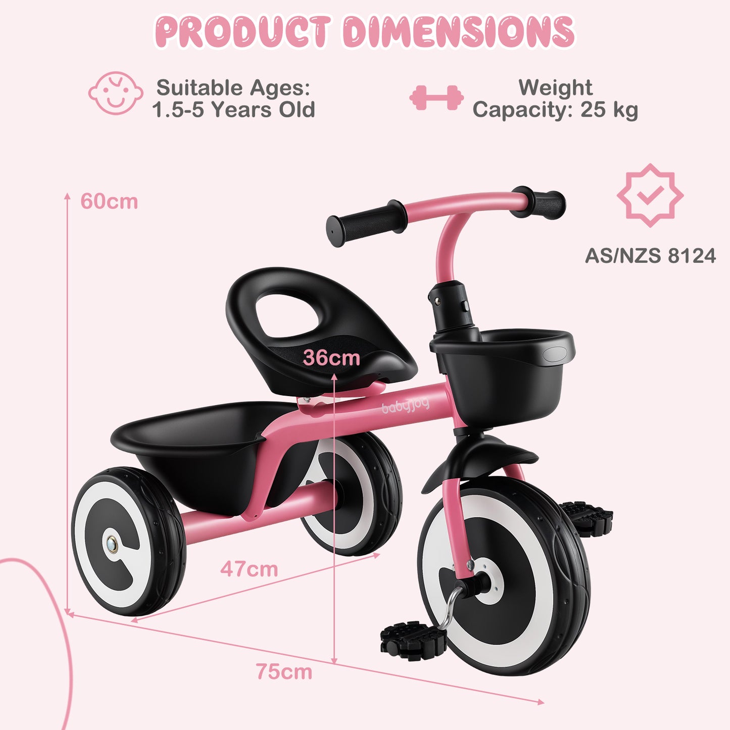 Pink Toddler Tricycle | Adjustable Seat | Storage Baskets