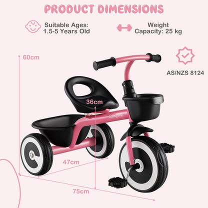 Pink Toddler Tricycle | Adjustable Seat | Storage Baskets