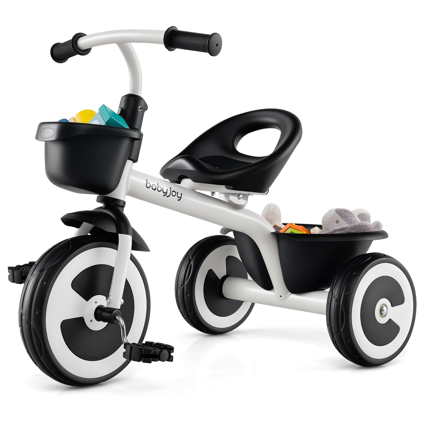 White Toddler Tricycle | Adjustable Seat & Storage Baskets