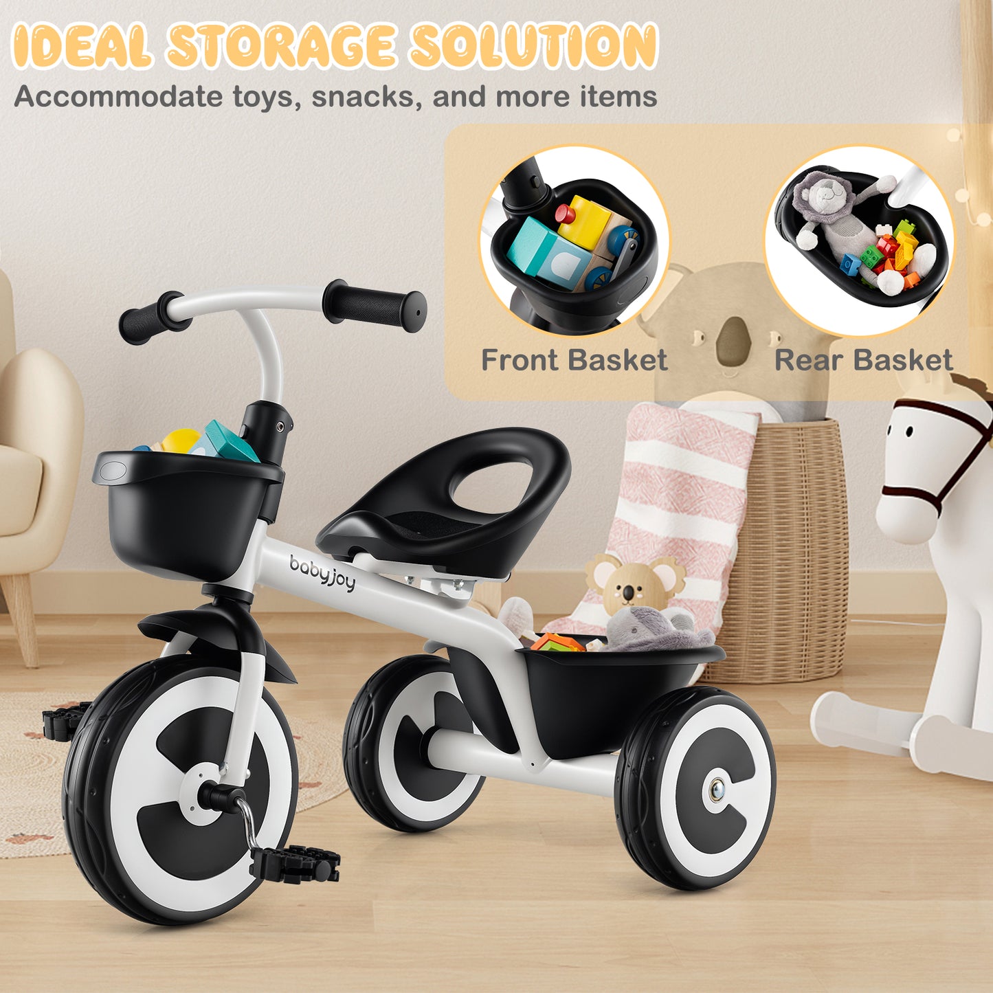 White Toddler Tricycle | Adjustable Seat & Storage Baskets