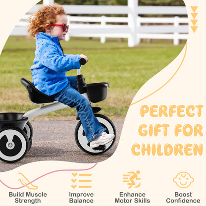 White Toddler Tricycle | Adjustable Seat & Storage Baskets