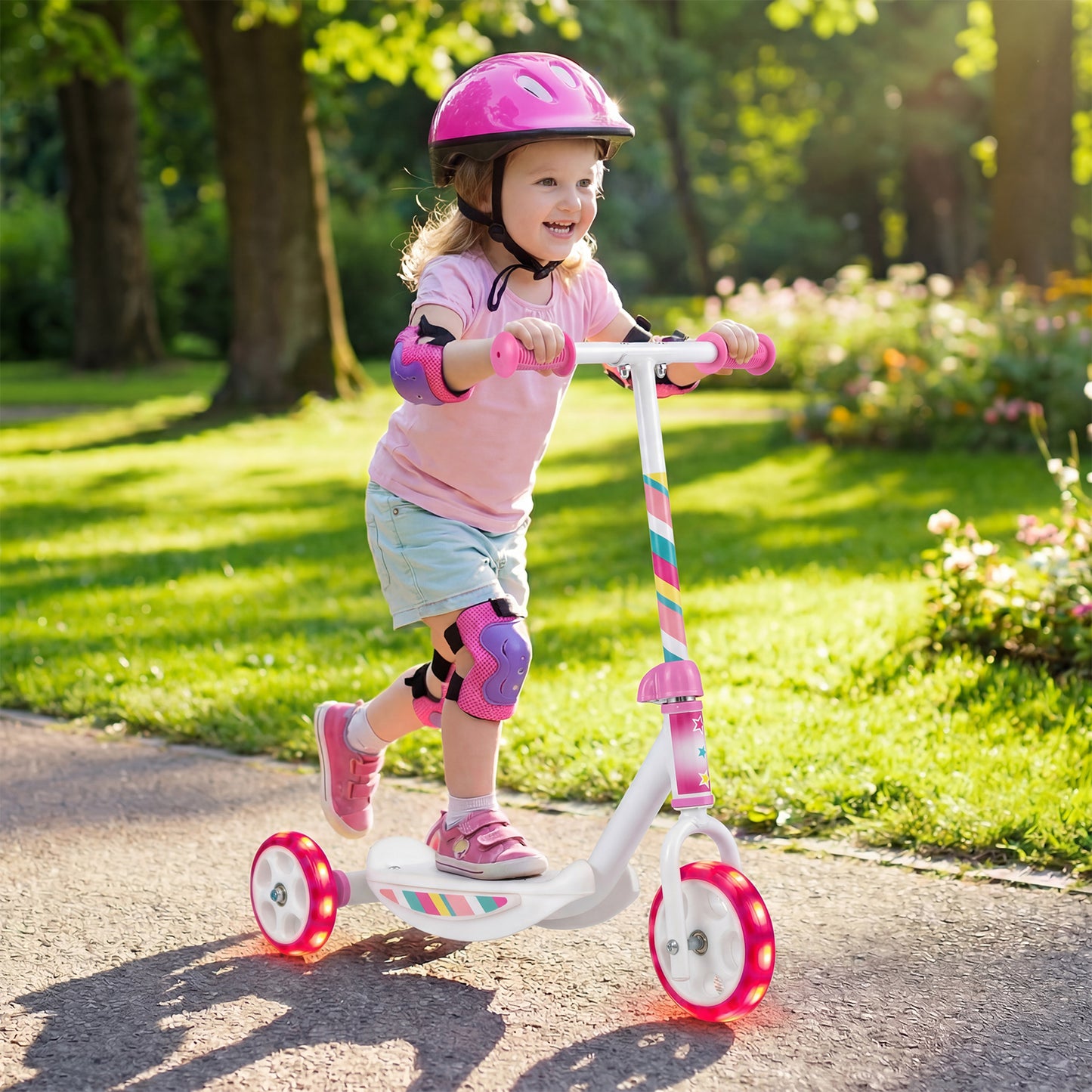 Costway Toddlers Kick Scooter with LED Light Up Wheels and Wide Anti-Slip Deck -Pink