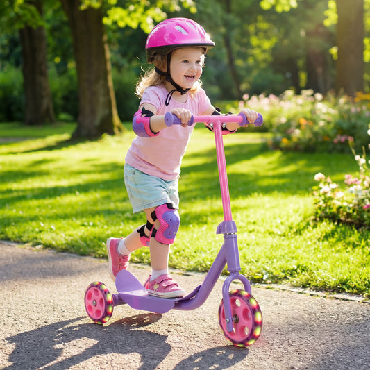 Costway Toddler 3 Wheel Kick Scooter with LED Light Up Wheels and Wide Anti Slip Deck-Purple