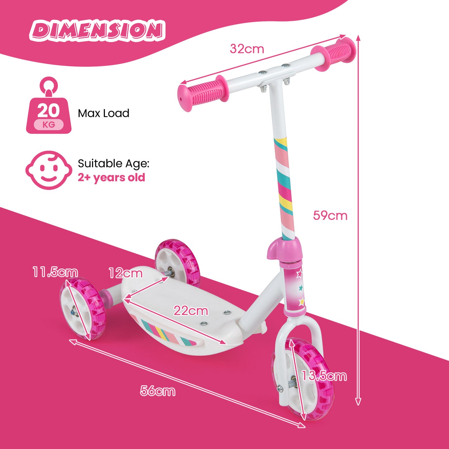 Pink Toddler 3-Wheel Kick Scooter | LED Light-Up Wheels