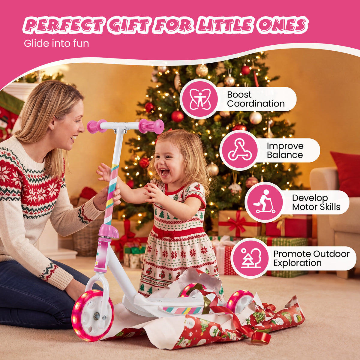 Pink Toddler 3-Wheel Kick Scooter | LED Light-Up Wheels