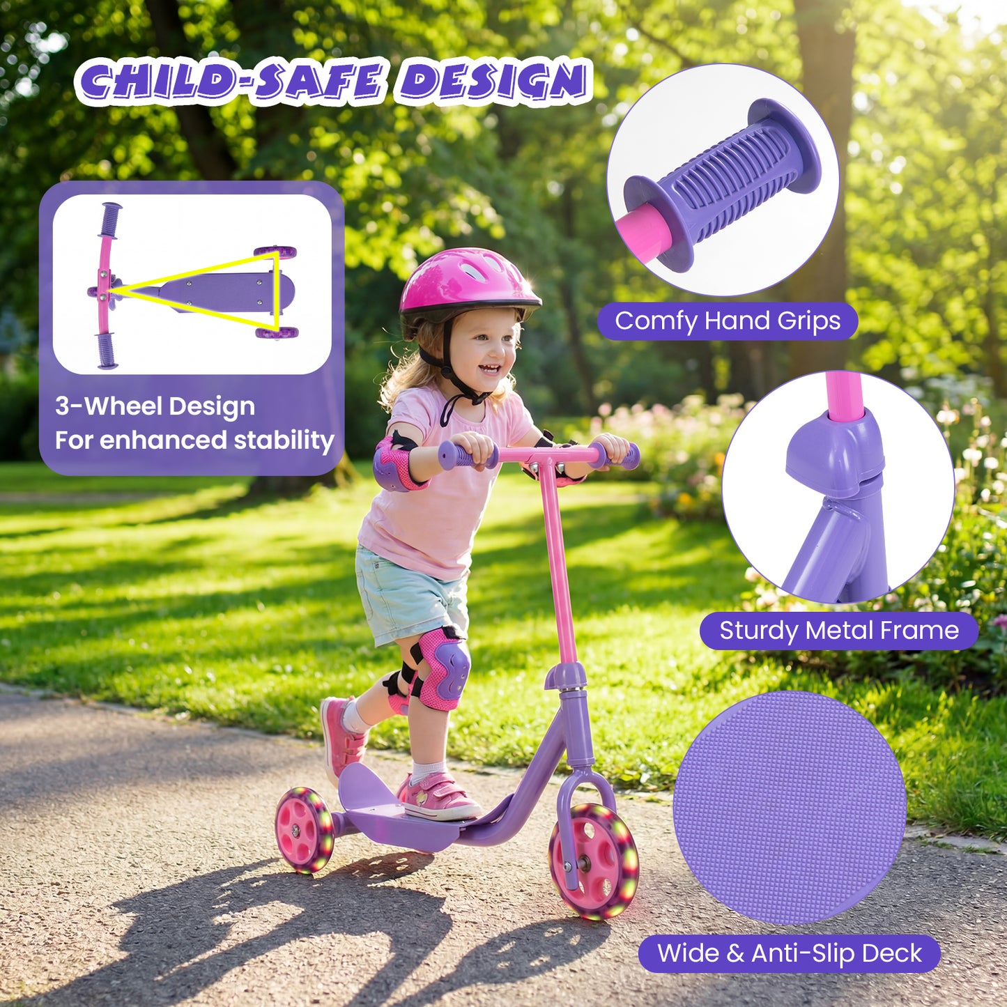Purple Toddler 3-Wheel Kick Scooter | LED Light-Up Wheels