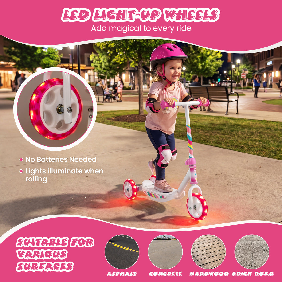 Pink Toddler 3-Wheel Kick Scooter | LED Light-Up Wheels