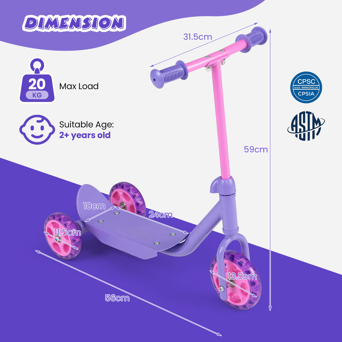 Purple Toddler 3-Wheel Kick Scooter | LED Light-Up Wheels