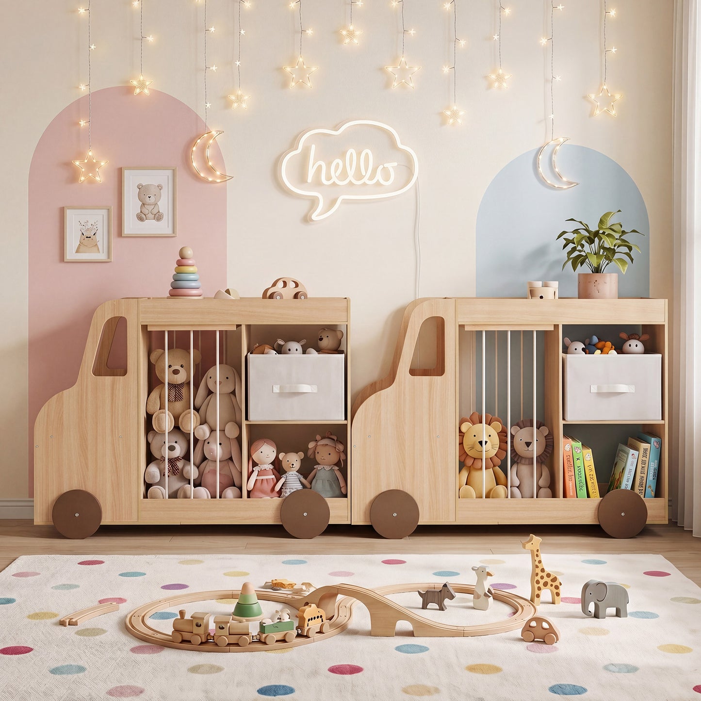 Natural Kids Bookshelf | Car-Style Toy Organizer With Wheels