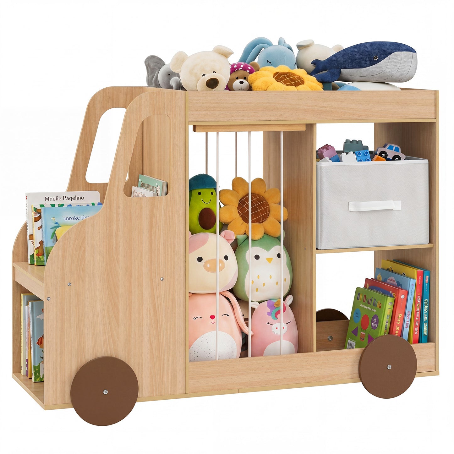 Natural Kids Bookshelf | Car-Style Toy Organizer With Wheels