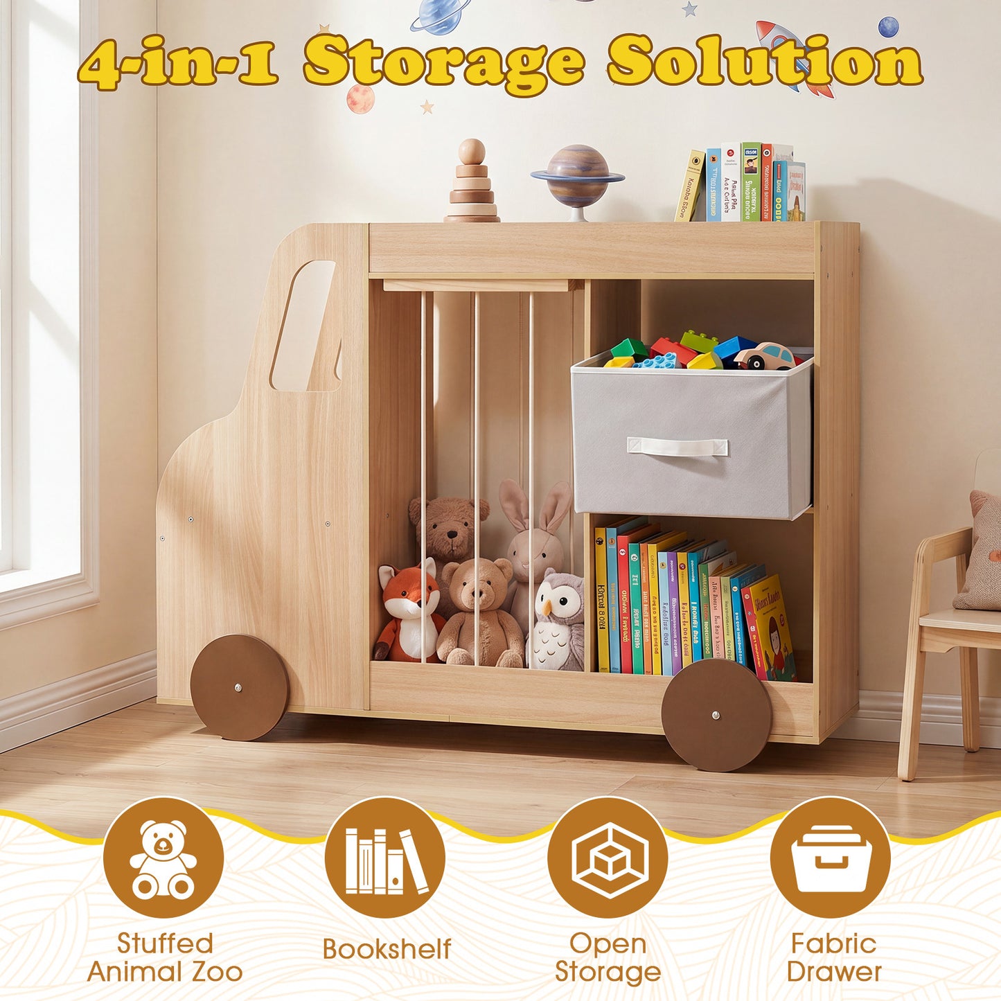 Natural Kids Bookshelf | Car-Style Toy Organizer With Wheels