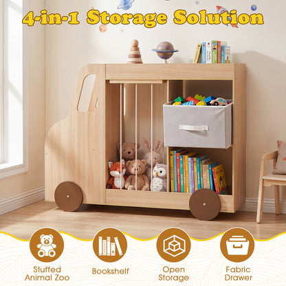 Natural Kids Bookshelf | Car-Style Toy Organizer With Wheels