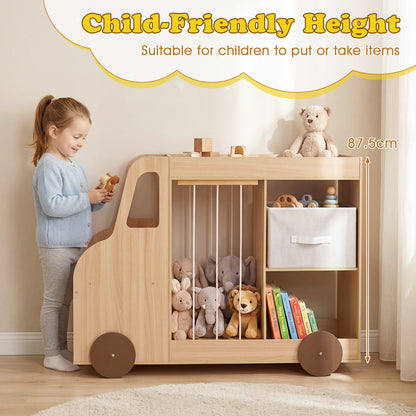 Natural Kids Bookshelf | Car-Style Toy Organizer With Wheels