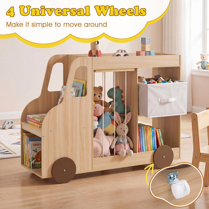 Natural Kids Bookshelf | Car-Style Toy Organizer With Wheels