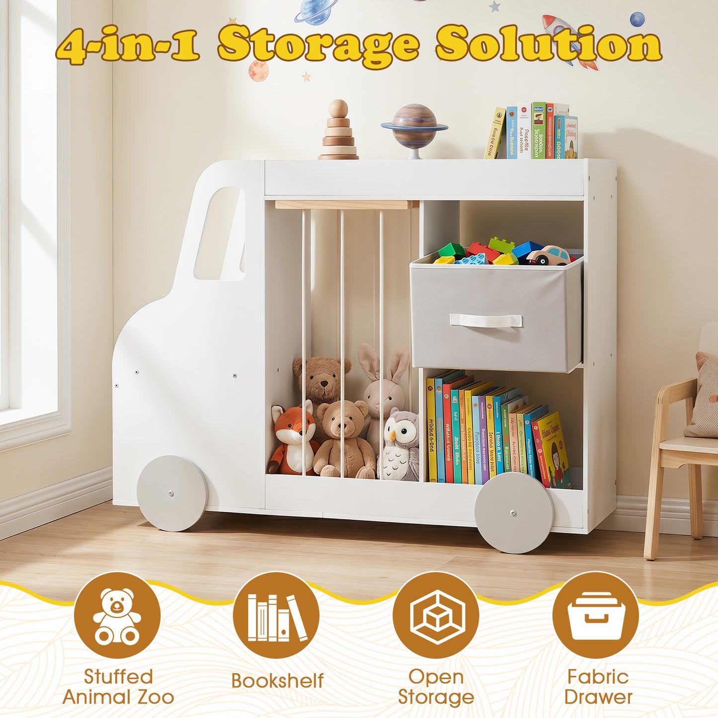 White Kids Bookshelf | Car-Shaped Toy Storage Organizer