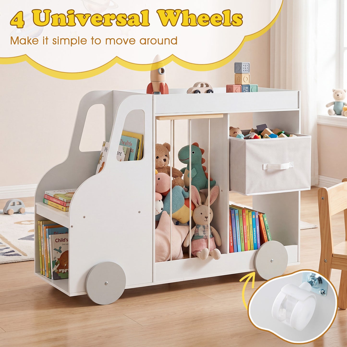 White Kids Bookshelf | Car-Shaped Toy Storage Organizer