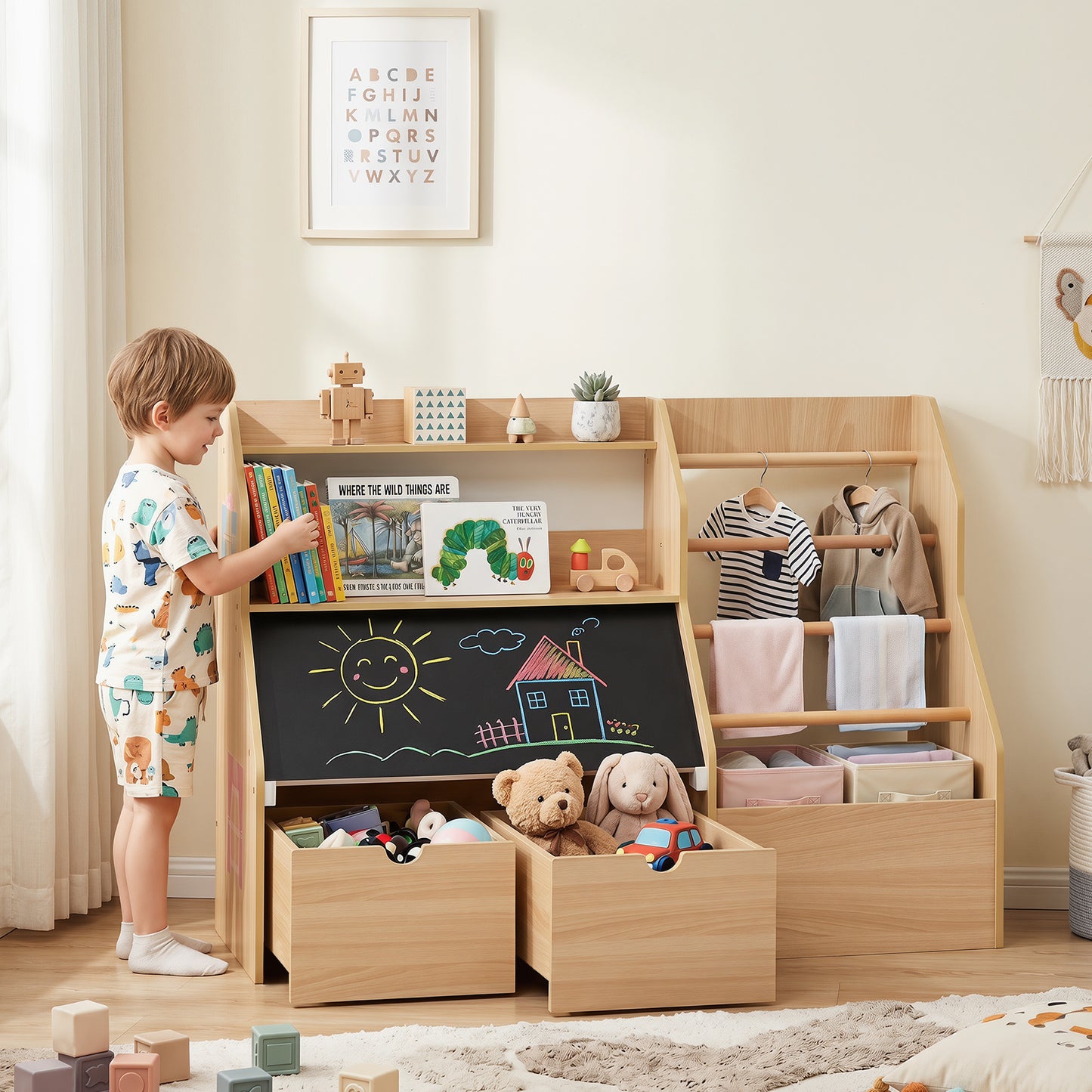 Costway Toy Storage Organizer with Blackboard Open Shelves and 5 Hanging Rods-Natural