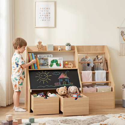 Costway Toy Storage Organizer with Blackboard Open Shelves and 5 Hanging Rods-Natural