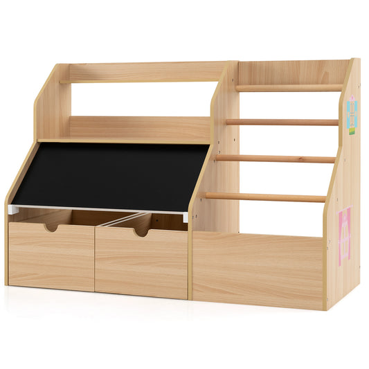 Natural Toy Storage Organizer | Blackboard Shelves & Hanging Rods