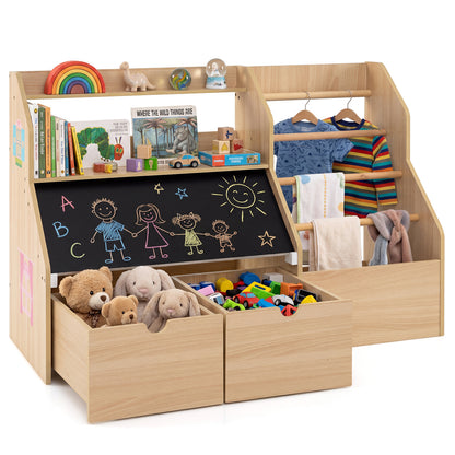 Natural Toy Storage Organizer | Blackboard Shelves & Hanging Rods