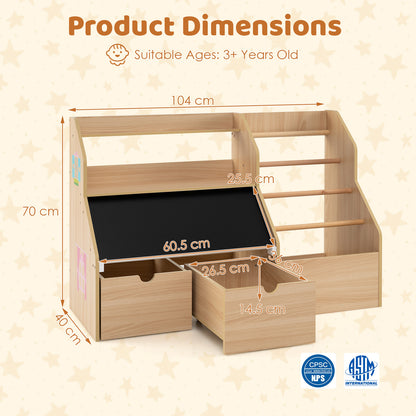 Natural Toy Storage Organizer | Blackboard Shelves & Hanging Rods