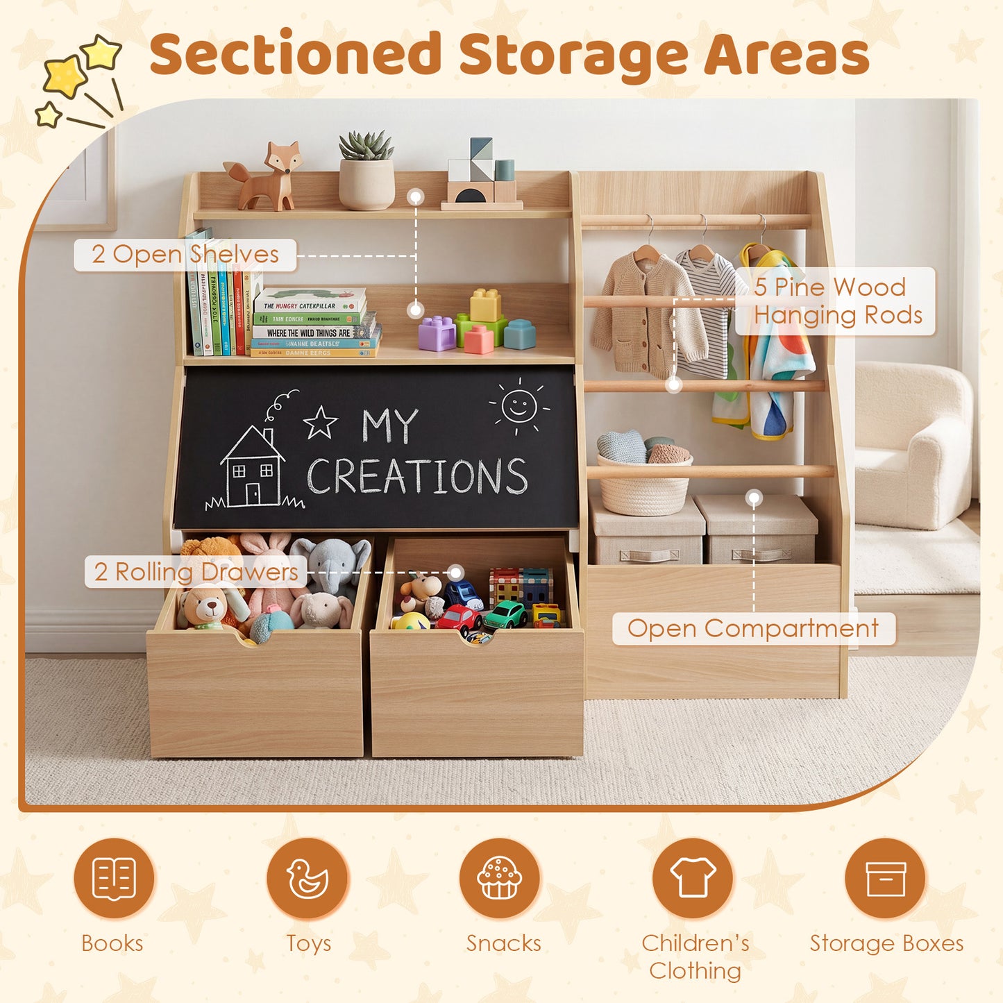 Natural Toy Storage Organizer | Blackboard Shelves & Hanging Rods