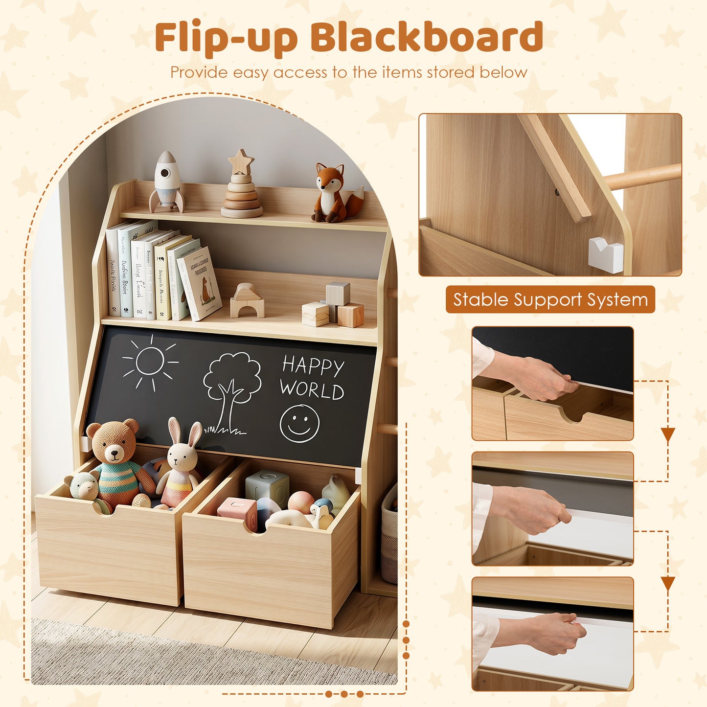 Natural Toy Storage Organizer | Blackboard Shelves & Hanging Rods