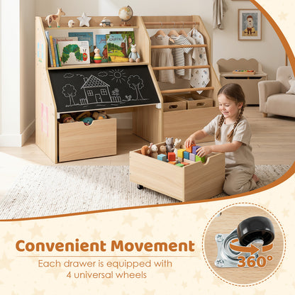 Natural Toy Storage Organizer | Blackboard Shelves & Hanging Rods