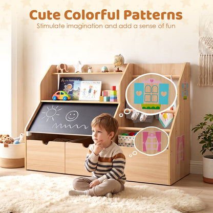 Natural Toy Storage Organizer | Blackboard Shelves & Hanging Rods