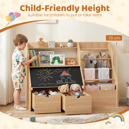 Natural Toy Storage Organizer | Blackboard Shelves & Hanging Rods