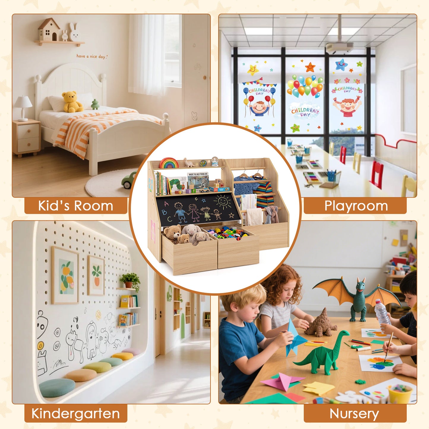 Natural Toy Storage Organizer | Blackboard Shelves & Hanging Rods