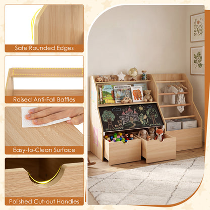 Natural Toy Storage Organizer | Blackboard Shelves & Hanging Rods