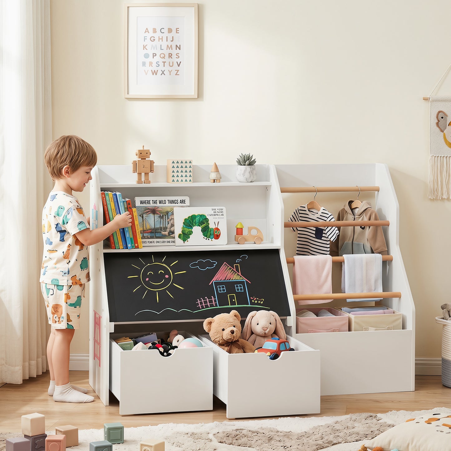 Costway Toy Storage Organizer with Blackboard Open Shelves and 5 Hanging Rods-White