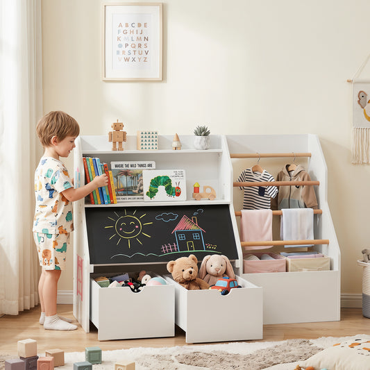 Costway Toy Storage Organizer with Blackboard Open Shelves and 5 Hanging Rods-White