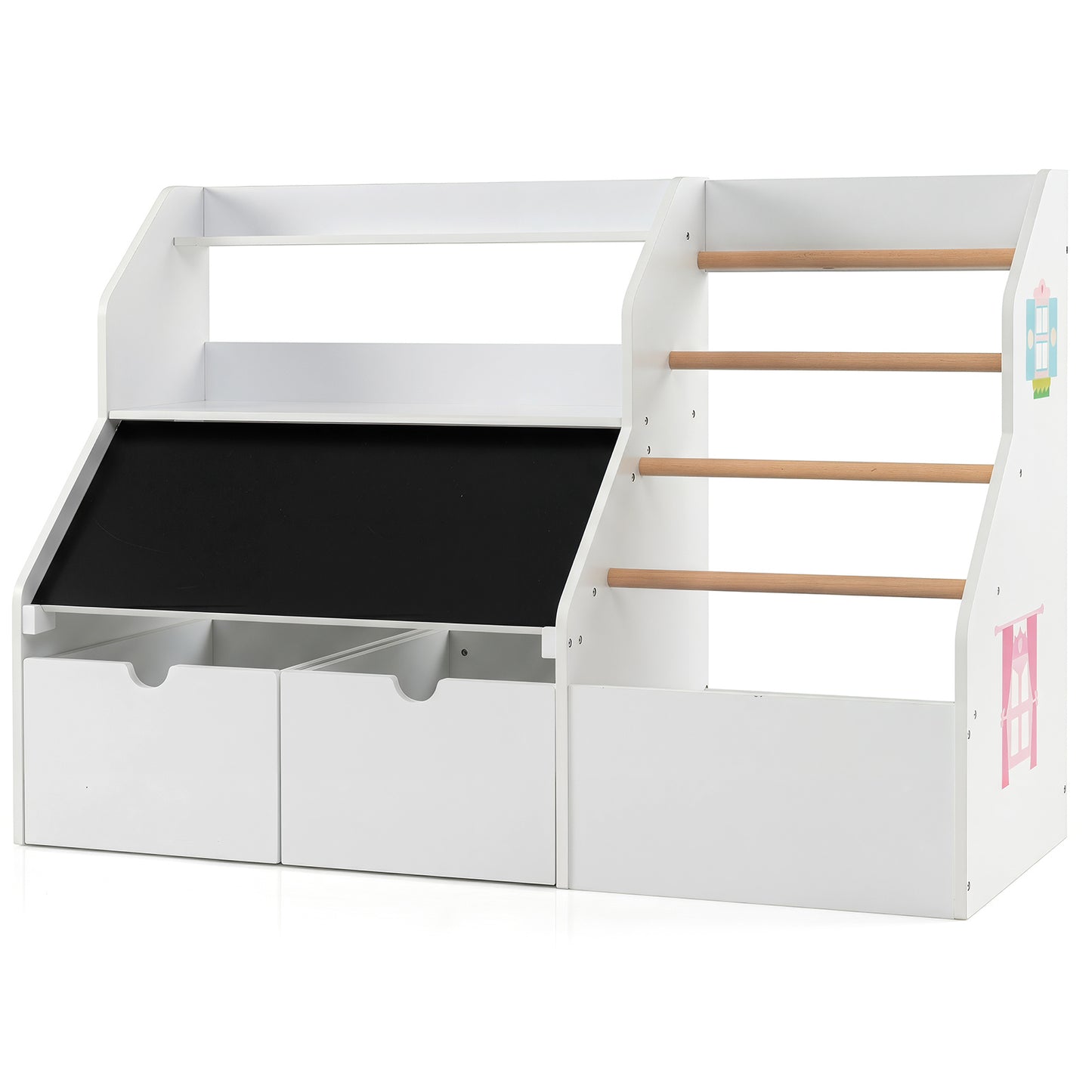 White Toy Storage Organizer | Blackboard Shelves & Hanging Rods