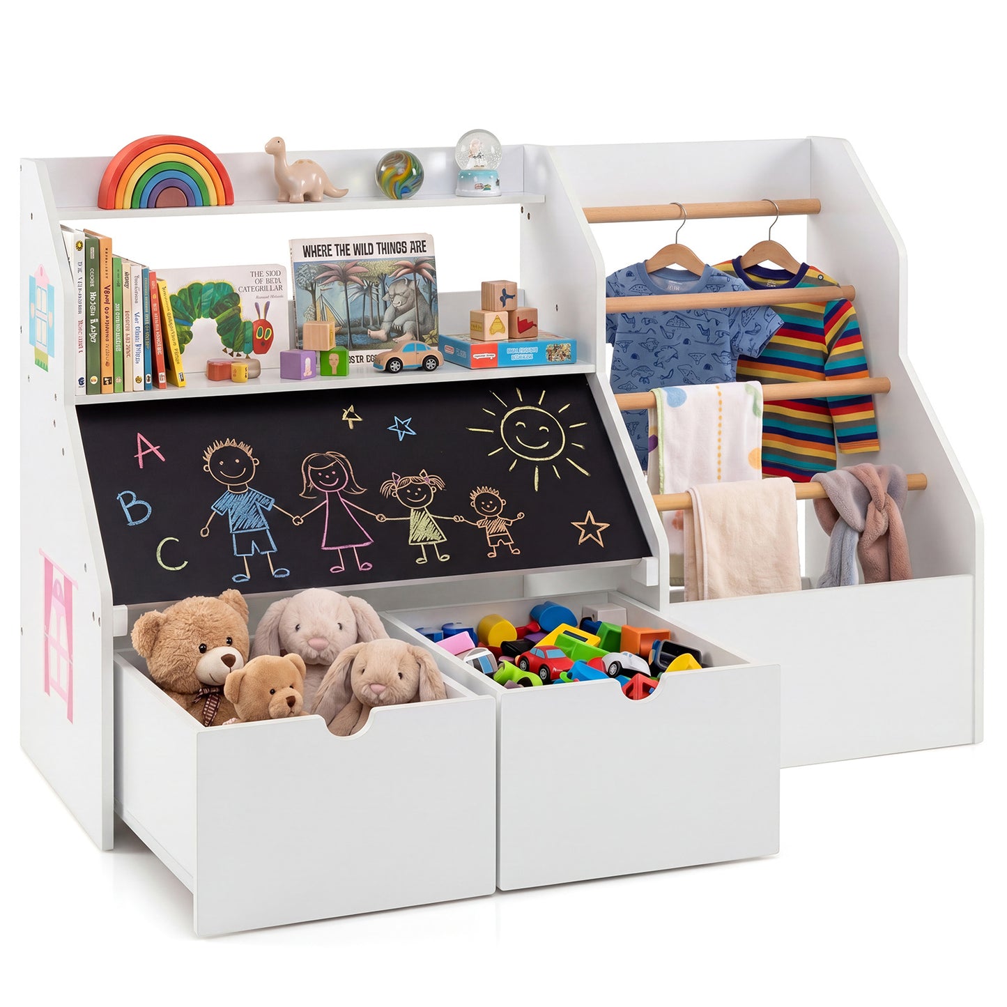 White Toy Storage Organizer | Blackboard Shelves & Hanging Rods