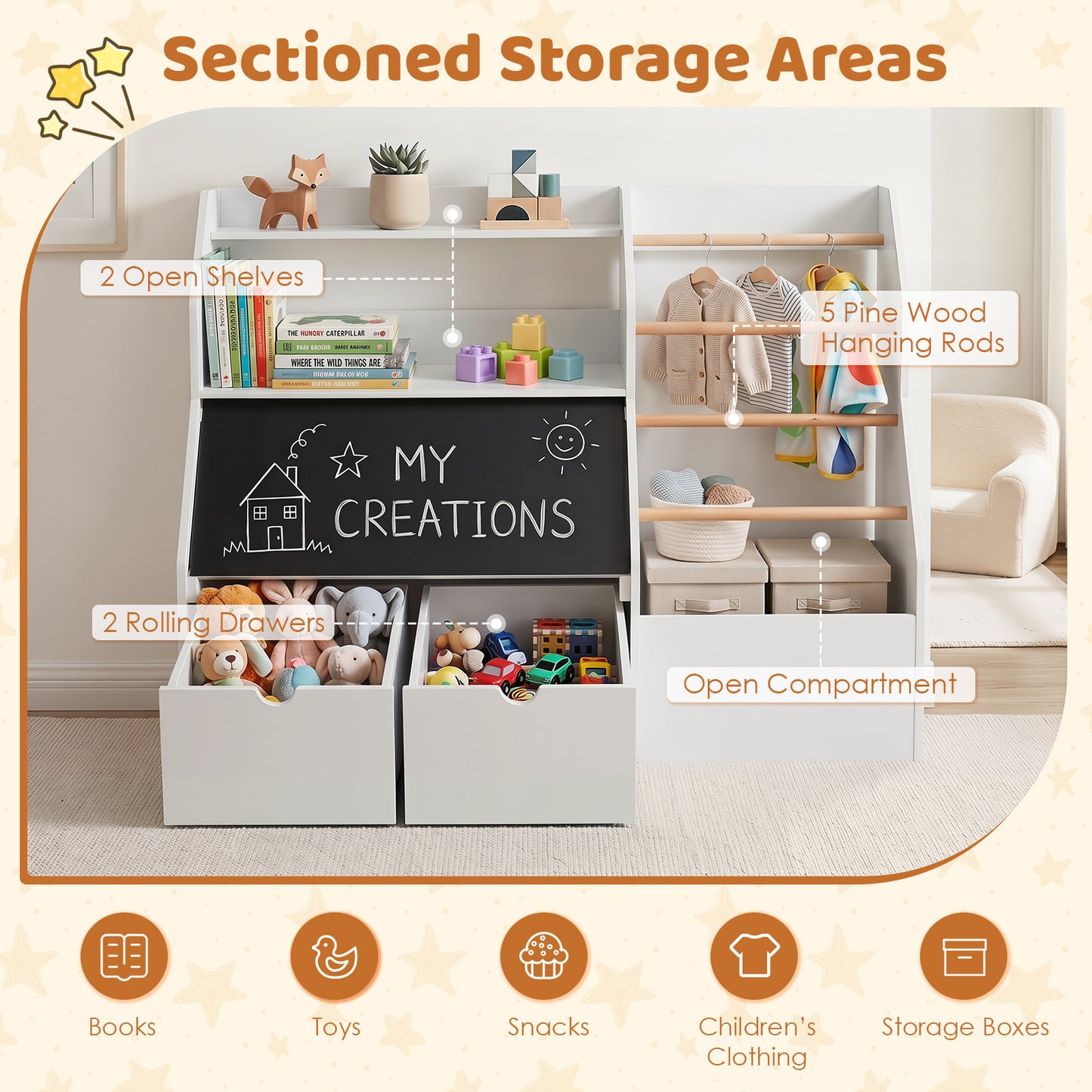 White Toy Storage Organizer | Blackboard Shelves & Hanging Rods