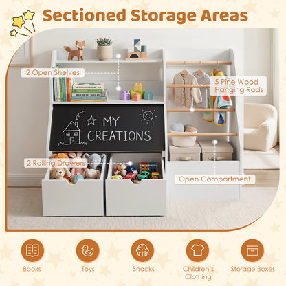 White Toy Storage Organizer | Blackboard Shelves & Hanging Rods