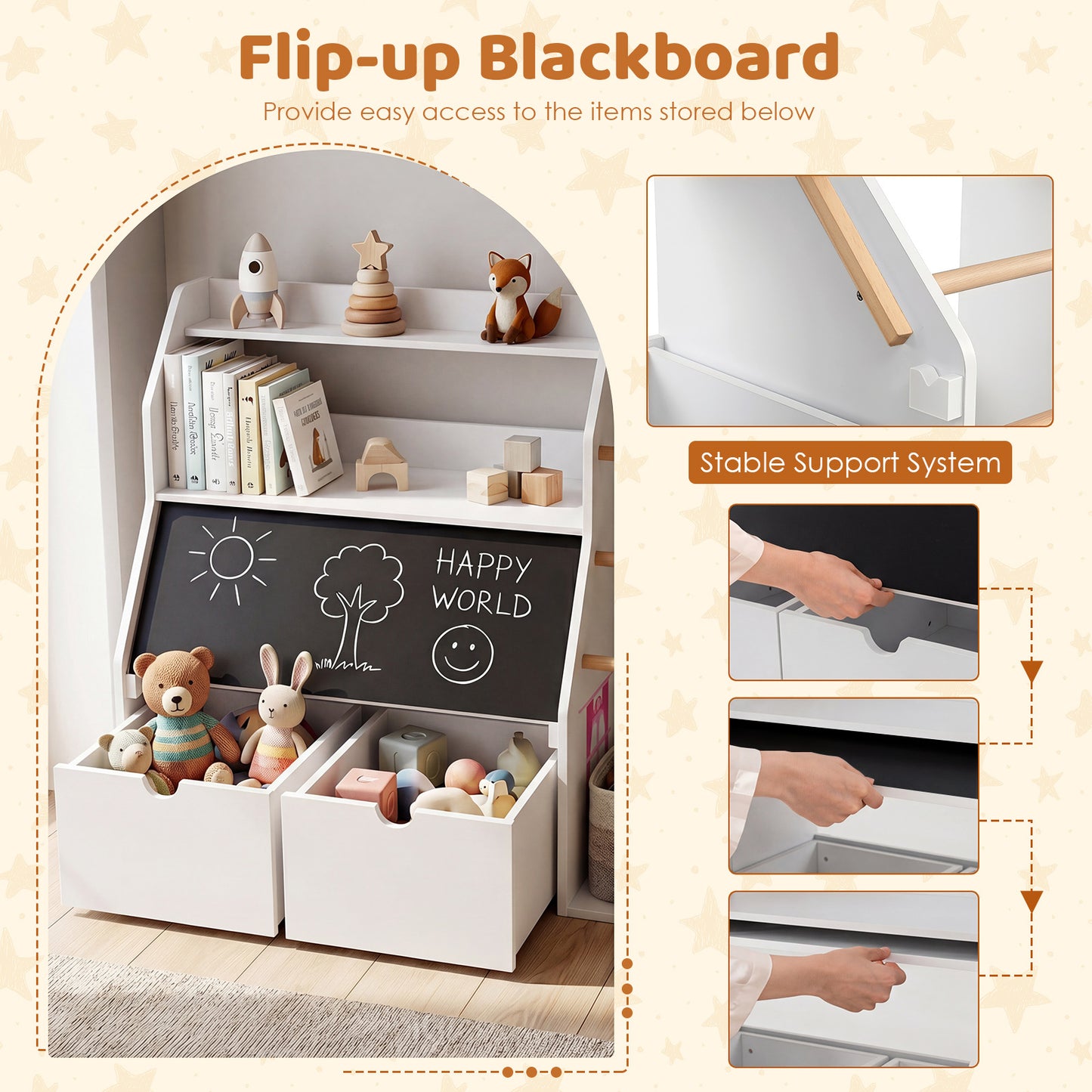 White Toy Storage Organizer | Blackboard Shelves & Hanging Rods