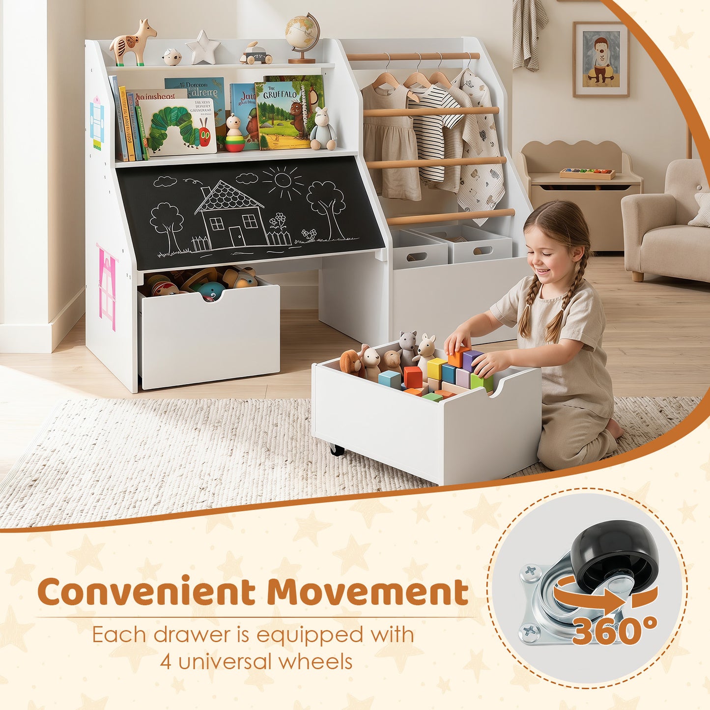 White Toy Storage Organizer | Blackboard Shelves & Hanging Rods