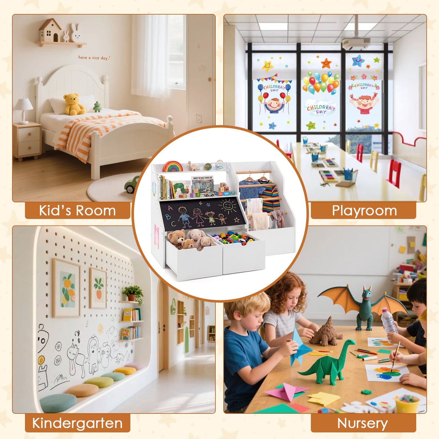 White Toy Storage Organizer | Blackboard Shelves & Hanging Rods