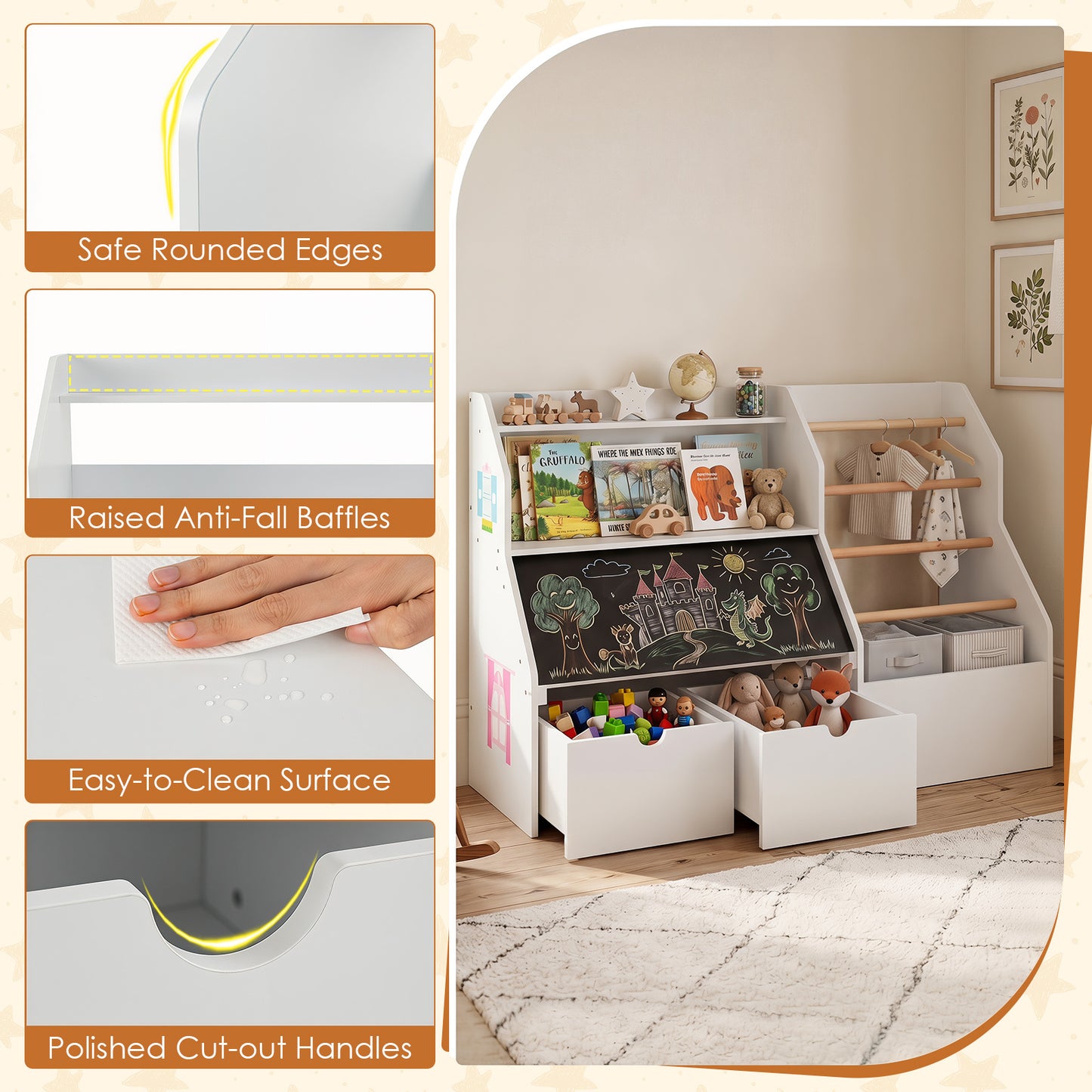 White Toy Storage Organizer | Blackboard Shelves & Hanging Rods