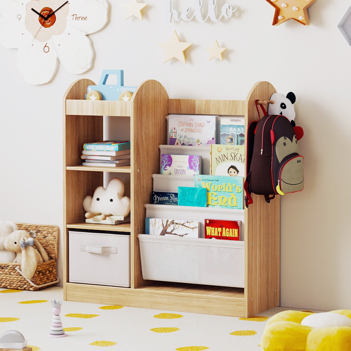 Toy Storage Organizer with Full-Length Mirror and 4-Tier Sling Shelves-Natural