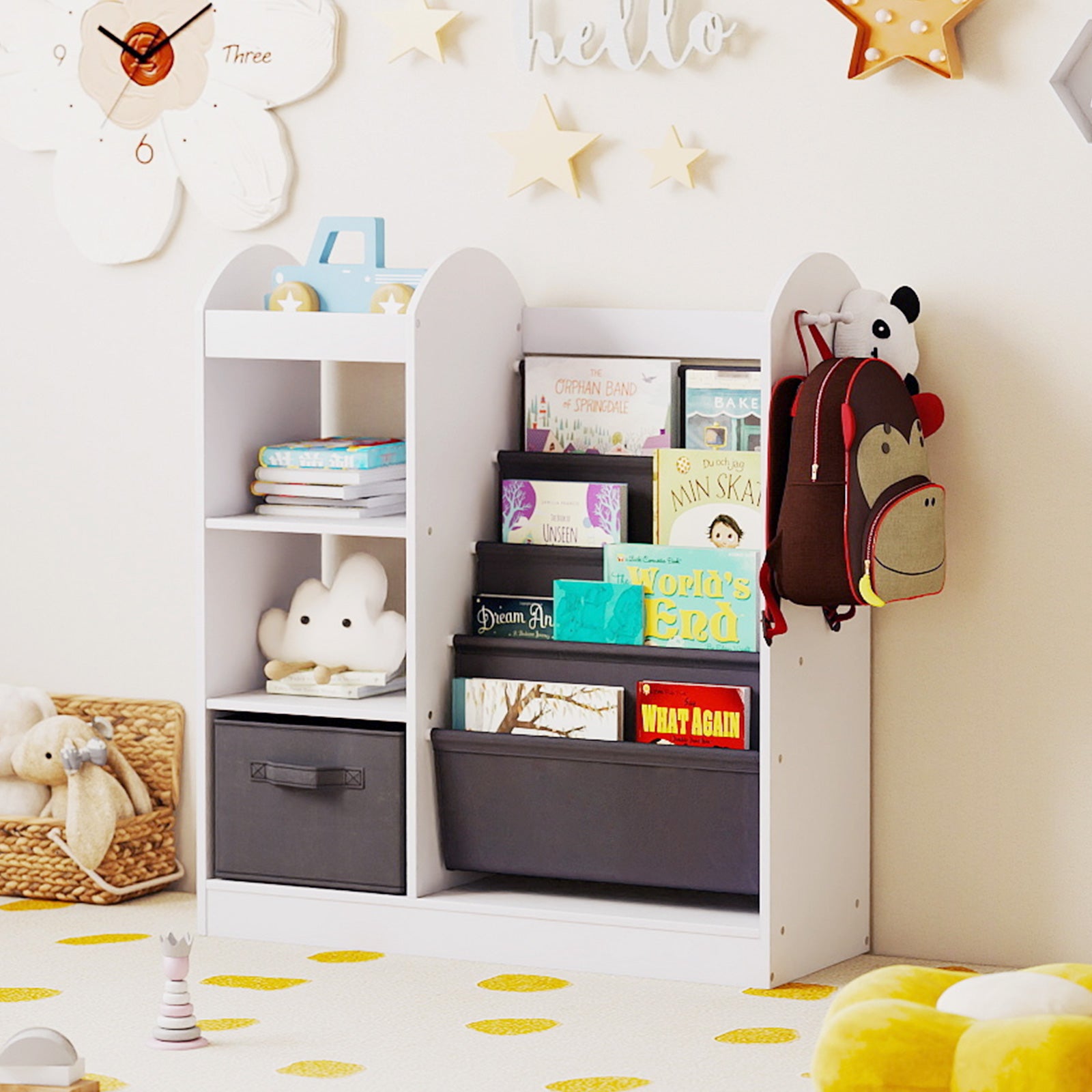 Toy Storage Organizer with Full-Length Mirror and 4-Tier Sling Shelves-White
