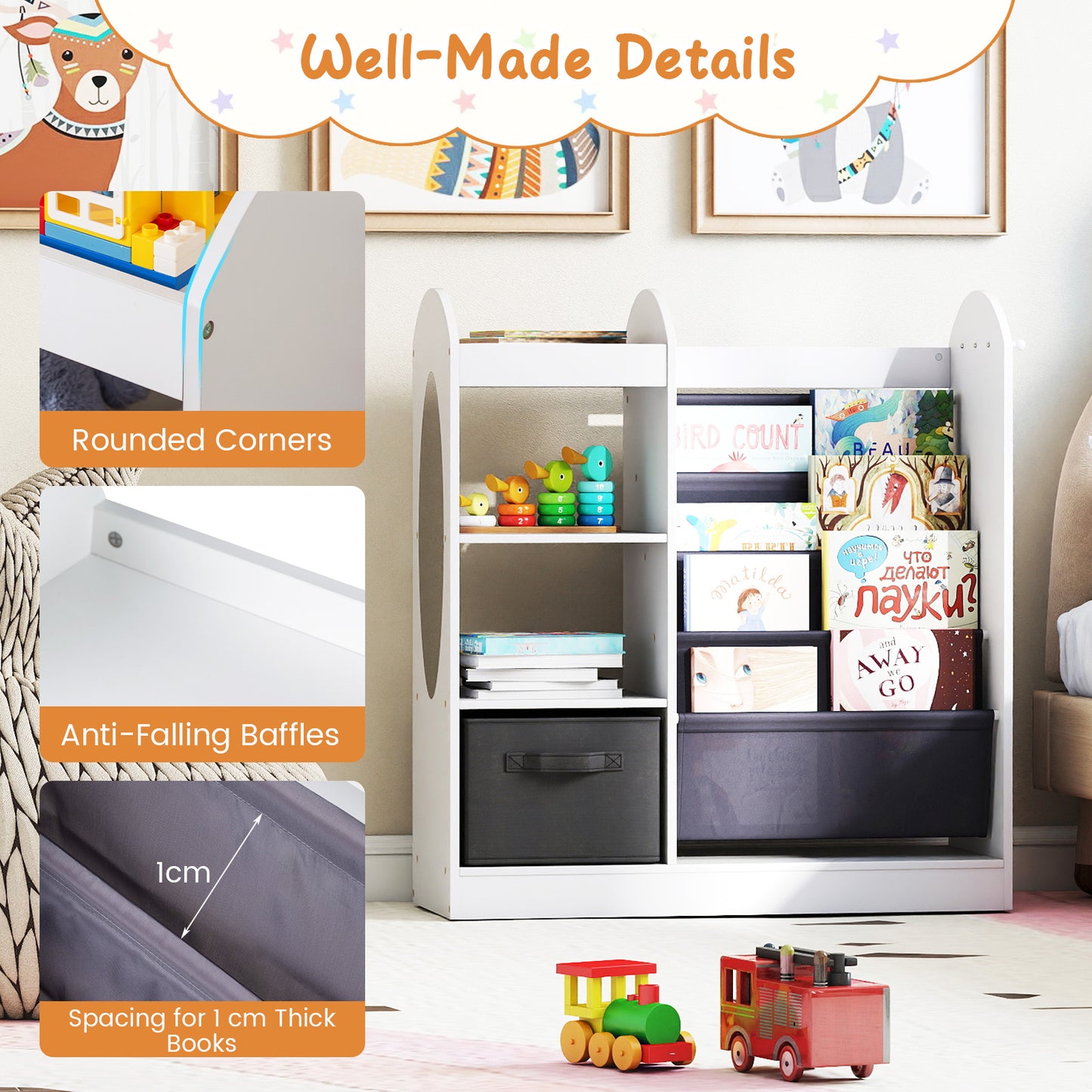 White Kids Toy Organizer | 4-Tier Shelves | Full Length Mirror