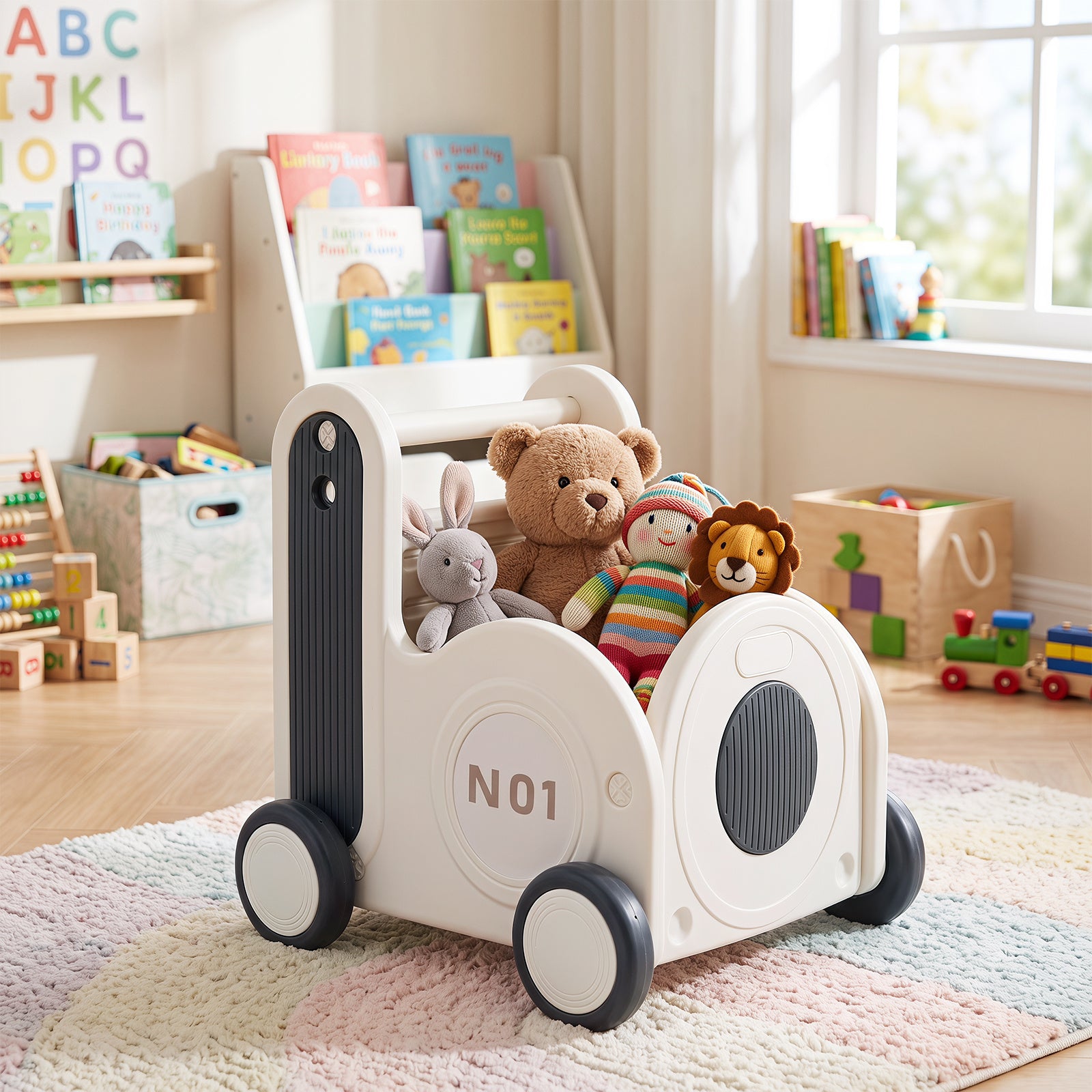 Costway Train-Shaped Toddler Toy Box with Wheels amp and Flip-up Seat-Grey