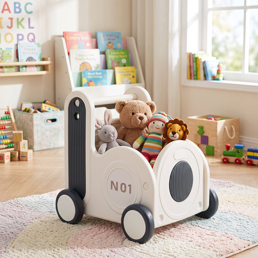 Costway Train-Shaped Toddler Toy Box with Wheels amp and Flip-up Seat-Grey