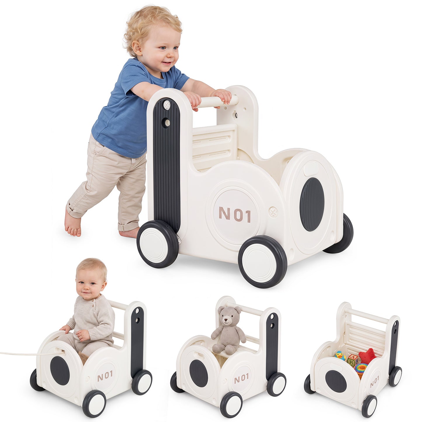 Grey Train Toy Box With Wheels | 4-in-1 Toddler Walker