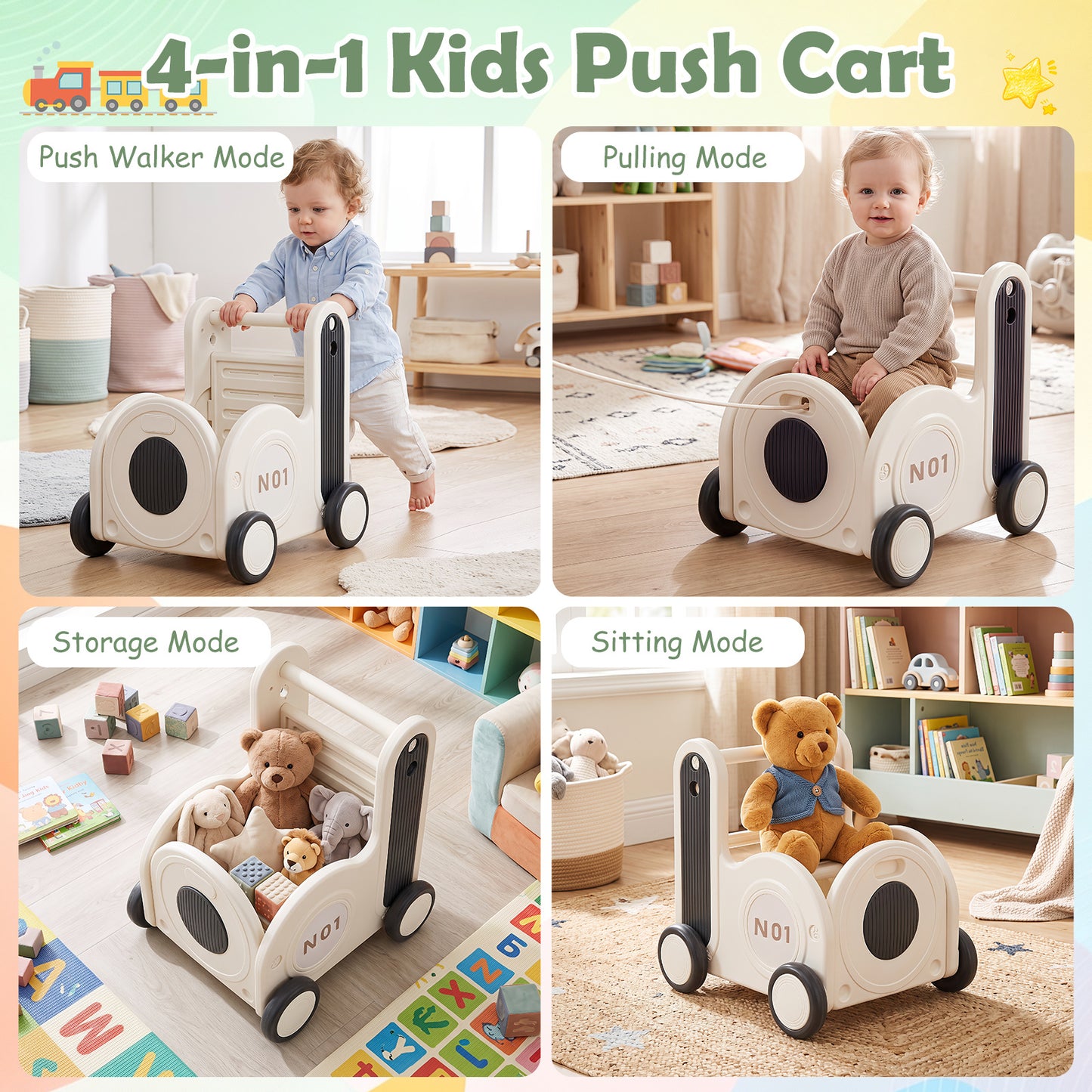 Grey Train Toy Box With Wheels | 4-in-1 Toddler Walker